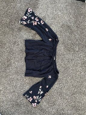 Billabong Navy Blue Off-Shoulder Crop Top with Pink Floral Trim